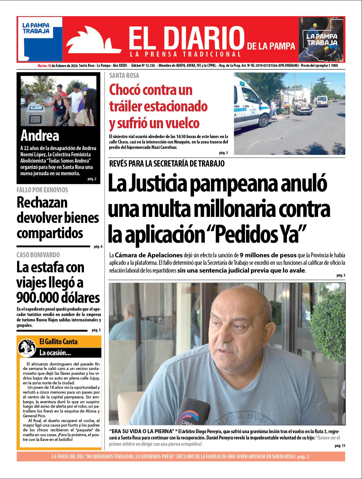 Tapa de El Diario en papel  martes 10 de febrero de 2026